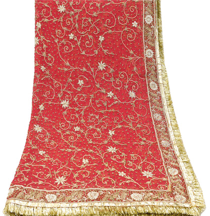 Indian Vintage Heavy Bridal Red Dupatta Pure Chiffon Silk Long Stole Hand Embroidered Scarf Zardozi/Dabka Zari Sequins Wedding Veil Hijab