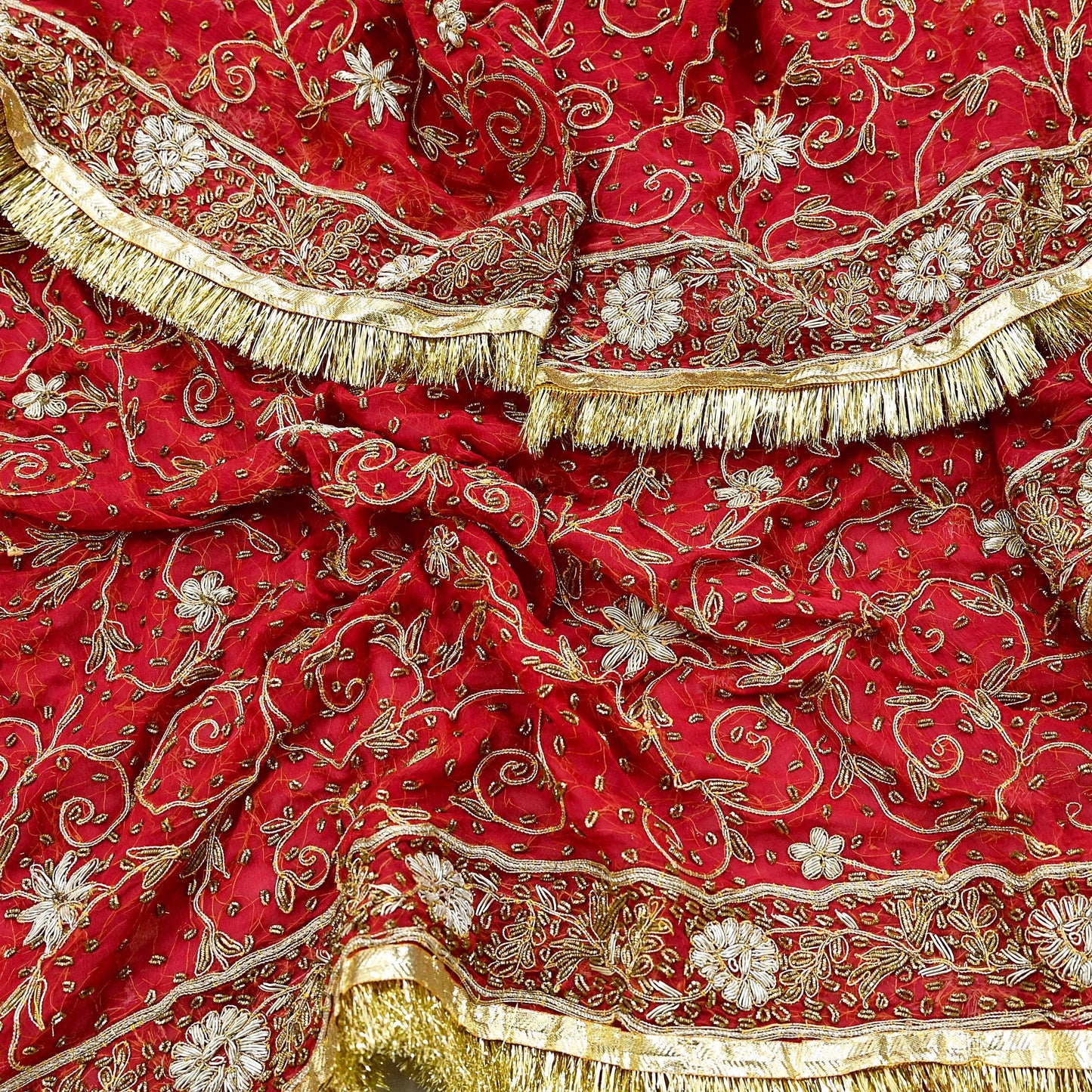 Indian Vintage Heavy Bridal Red Dupatta Pure Chiffon Silk Long Stole Hand Embroidered Scarf Zardozi/Dabka Zari Sequins Wedding Veil Hijab