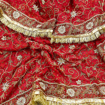 Indian Vintage Heavy Bridal Red Dupatta Pure Chiffon Silk Long Stole Hand Embroidered Scarf Zardozi/Dabka Zari Sequins Wedding Veil Hijab