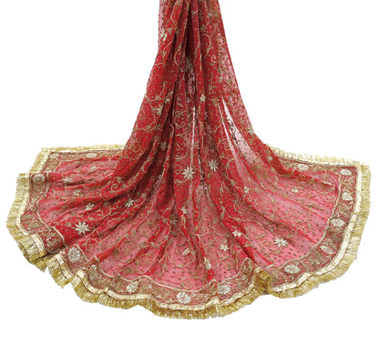 Indian Vintage Heavy Bridal Red Dupatta Pure Chiffon Silk Long Stole Hand Embroidered Scarf Zardozi/Dabka Zari Sequins Wedding Veil Hijab