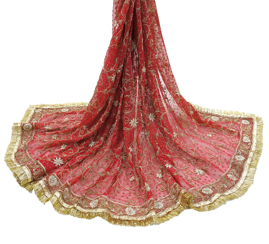 Indian Vintage Heavy Bridal Red Dupatta Pure Chiffon Silk Long Stole Hand Embroidered Scarf Zardozi/Dabka Zari Sequins Wedding Veil Hijab