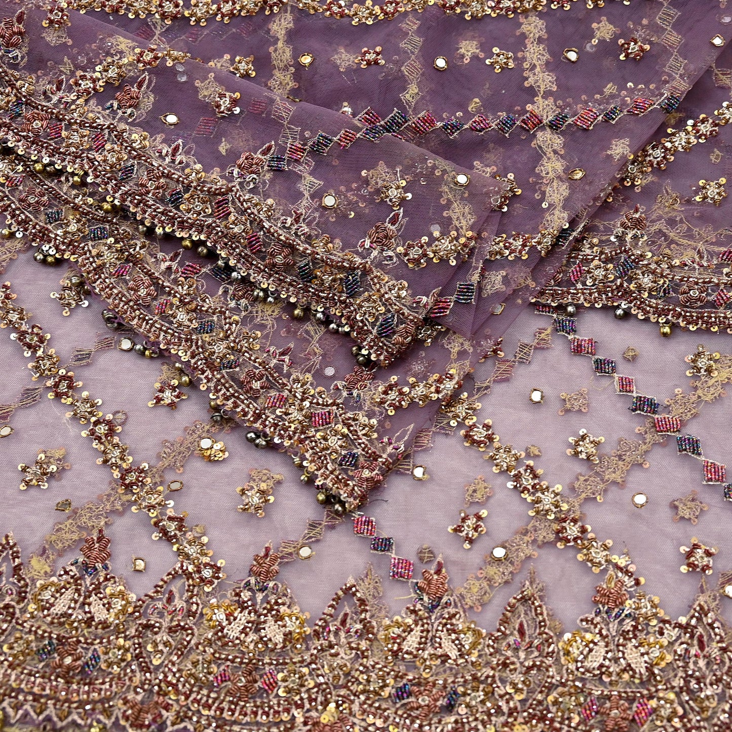 Indian Vintage wedding Hand Embroidered Purple Net Dupatta Zardozi Stole Veil Hijab Bridal