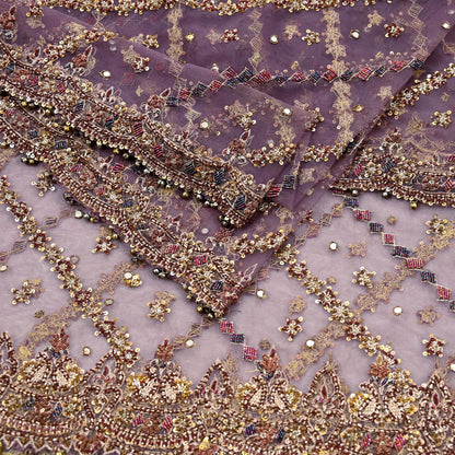 Indian Vintage wedding Hand Embroidered Purple Net Dupatta Zardozi Stole Veil Hijab Bridal