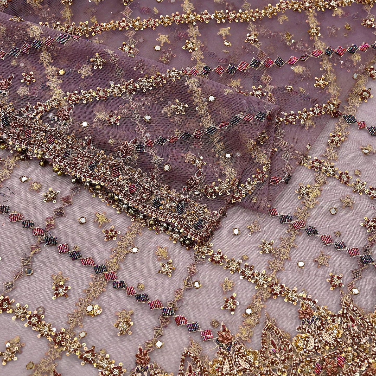 Indian Vintage wedding Hand Embroidered Purple Net Dupatta Zardozi Stole Veil Hijab Bridal