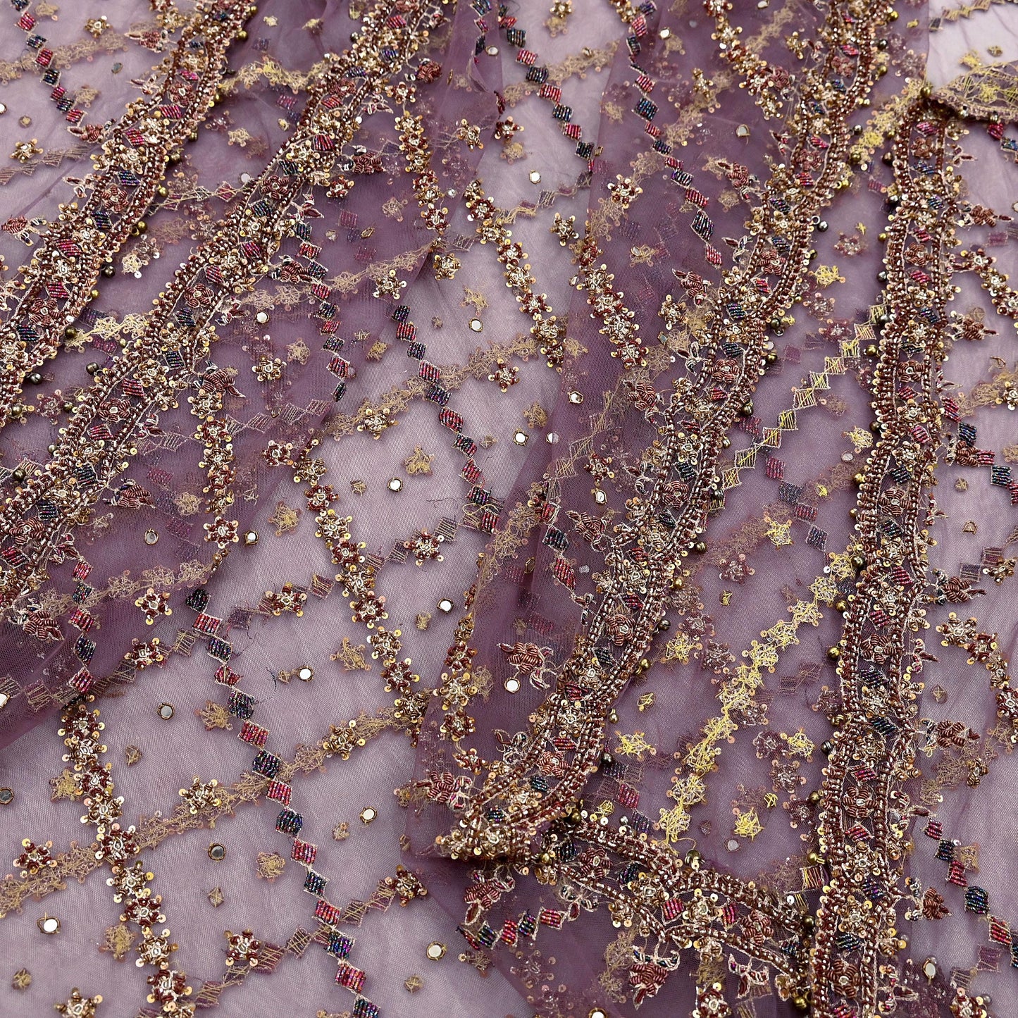 Indian Vintage wedding Hand Embroidered Purple Net Dupatta Zardozi Stole Veil Hijab Bridal