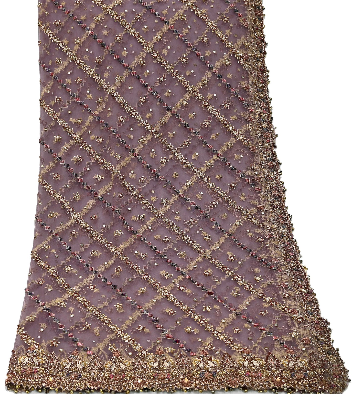 Indian Vintage wedding Hand Embroidered Purple Net Dupatta Zardozi Stole Veil Hijab Bridal