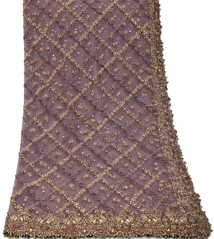 Indian Vintage wedding Hand Embroidered Purple Net Dupatta Zardozi Stole Veil Hijab Bridal