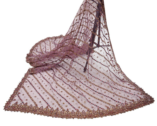 Indian Vintage wedding Hand Embroidered Purple Net Dupatta Zardozi Stole Veil Hijab Bridal