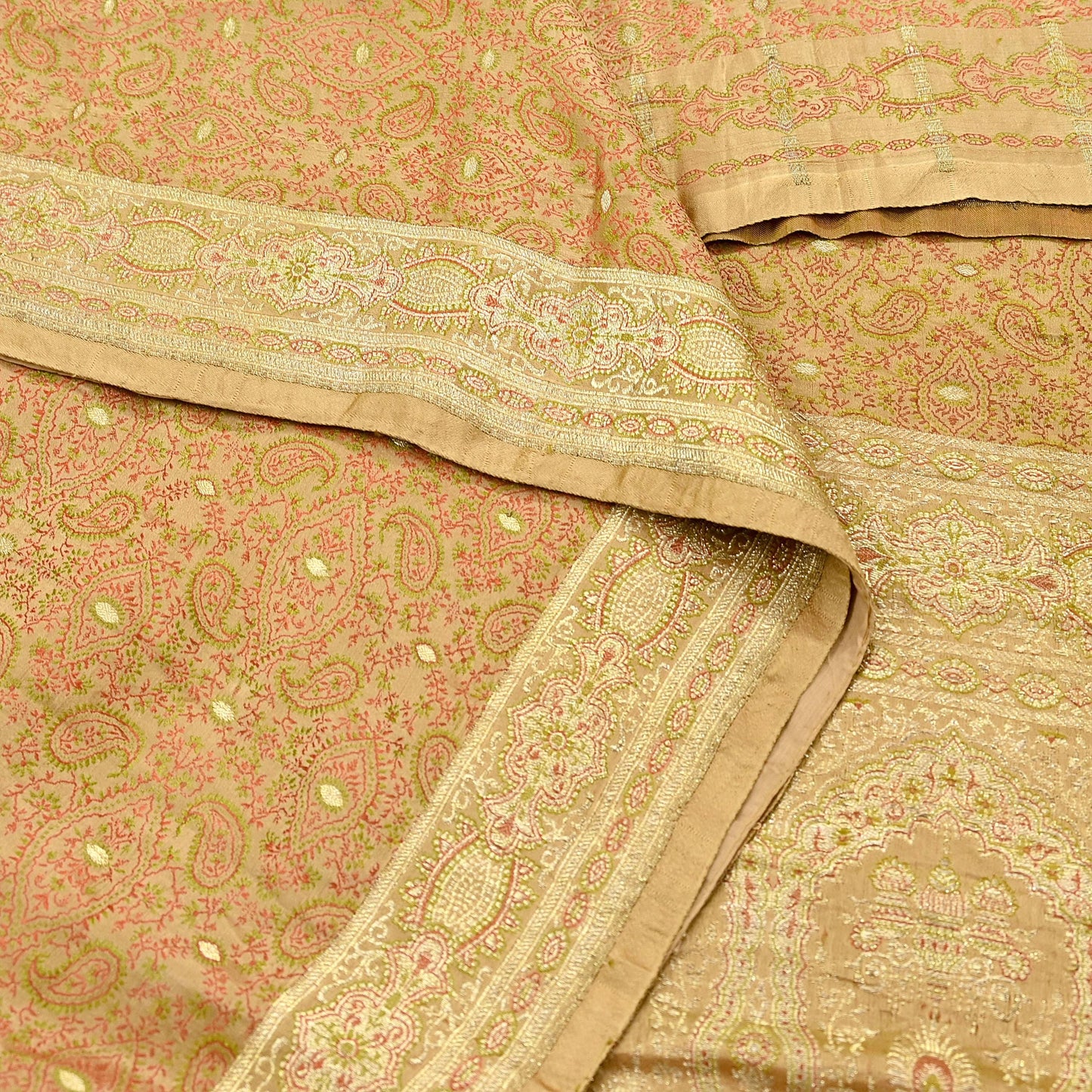 Vintage Banarasi Saree Pure Satin Silk Woven Brocade Zari Fabric Beige Heavy Craft Sari 5 Yards Indian Antique Textile Dress Making