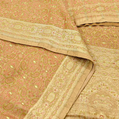 Vintage Banarasi Saree Pure Satin Silk Woven Brocade Zari Fabric Beige Heavy Craft Sari 5 Yards Indian Antique Textile Dress Making