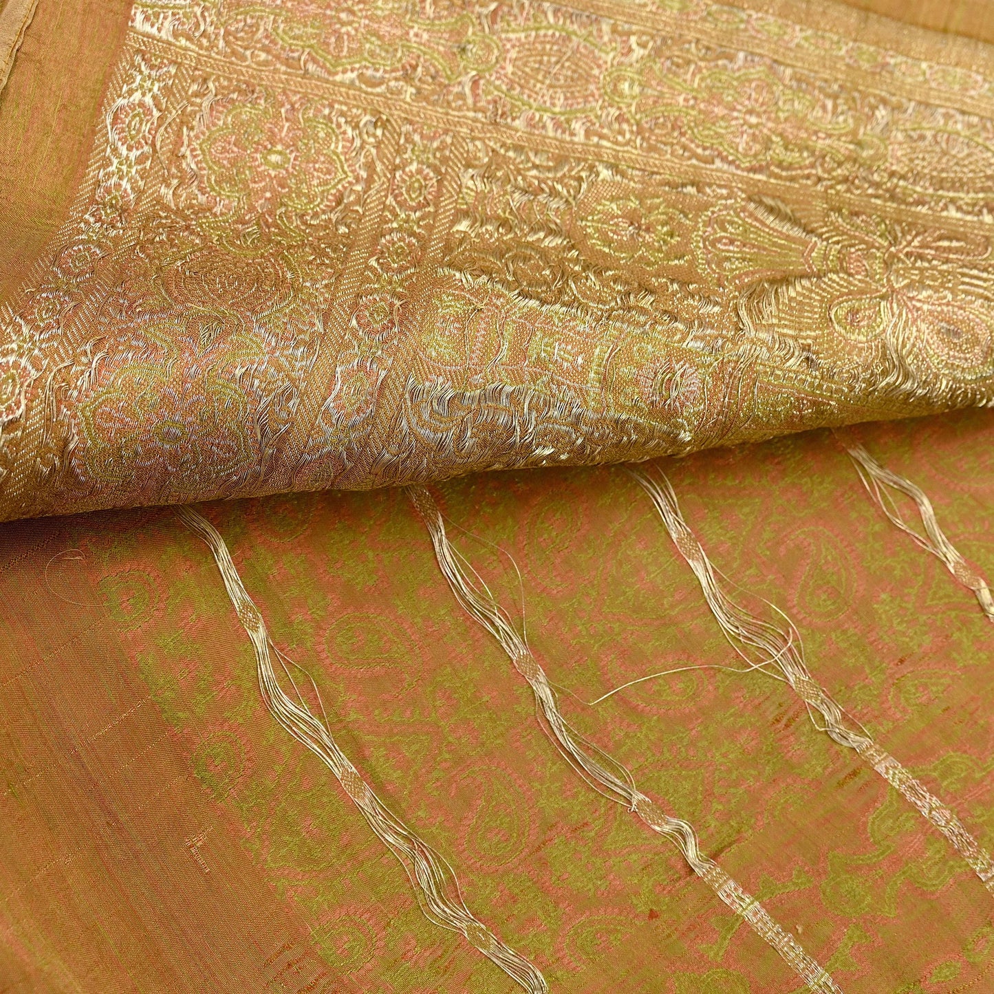 Vintage Banarasi Saree Pure Satin Silk Woven Brocade Zari Fabric Beige Heavy Craft Sari 5 Yards Indian Antique Textile Dress Making