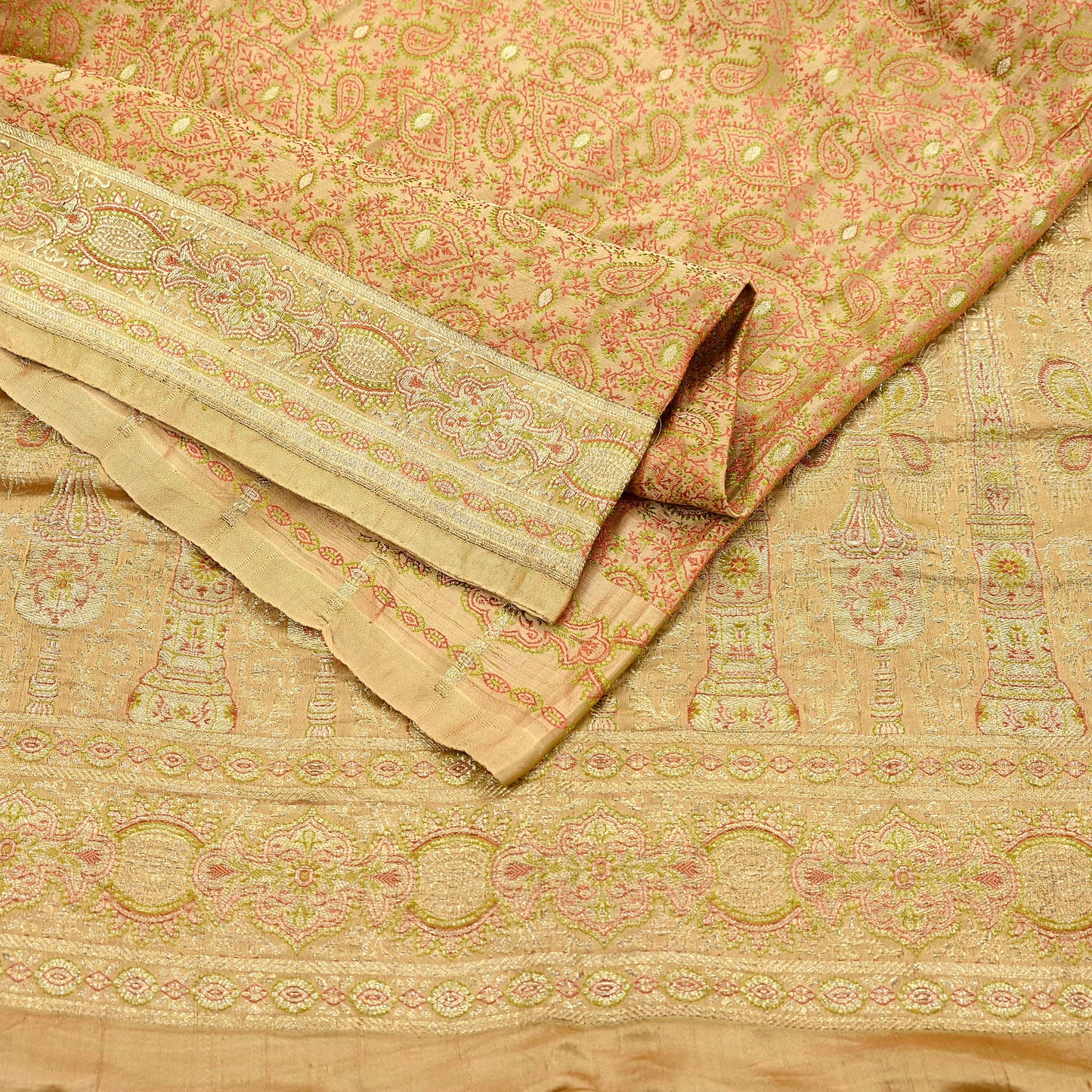 Vintage Banarasi Saree Pure Satin Silk Woven Brocade Zari Fabric Beige Heavy Craft Sari 5 Yards Indian Antique Textile Dress Making