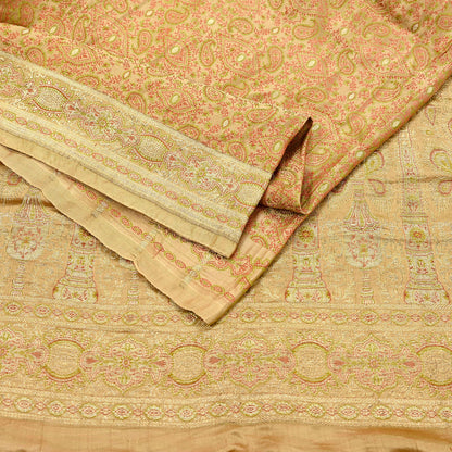 Vintage Banarasi Saree Pure Satin Silk Woven Brocade Zari Fabric Beige Heavy Craft Sari 5 Yards Indian Antique Textile Dress Making