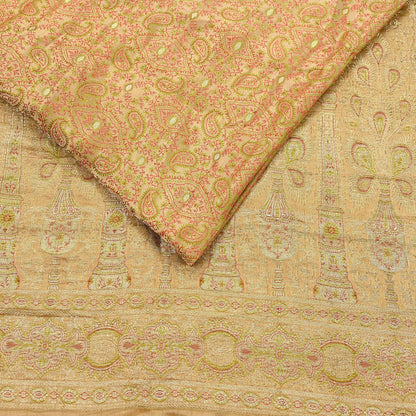 Vintage Banarasi Saree Pure Satin Silk Woven Brocade Zari Fabric Beige Heavy Craft Sari 5 Yards Indian Antique Textile Dress Making