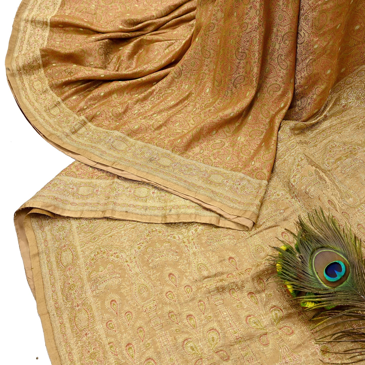 Vintage Banarasi Saree Pure Satin Silk Woven Brocade Zari Fabric Beige Heavy Craft Sari 5 Yards Indian Antique Textile Dress Making