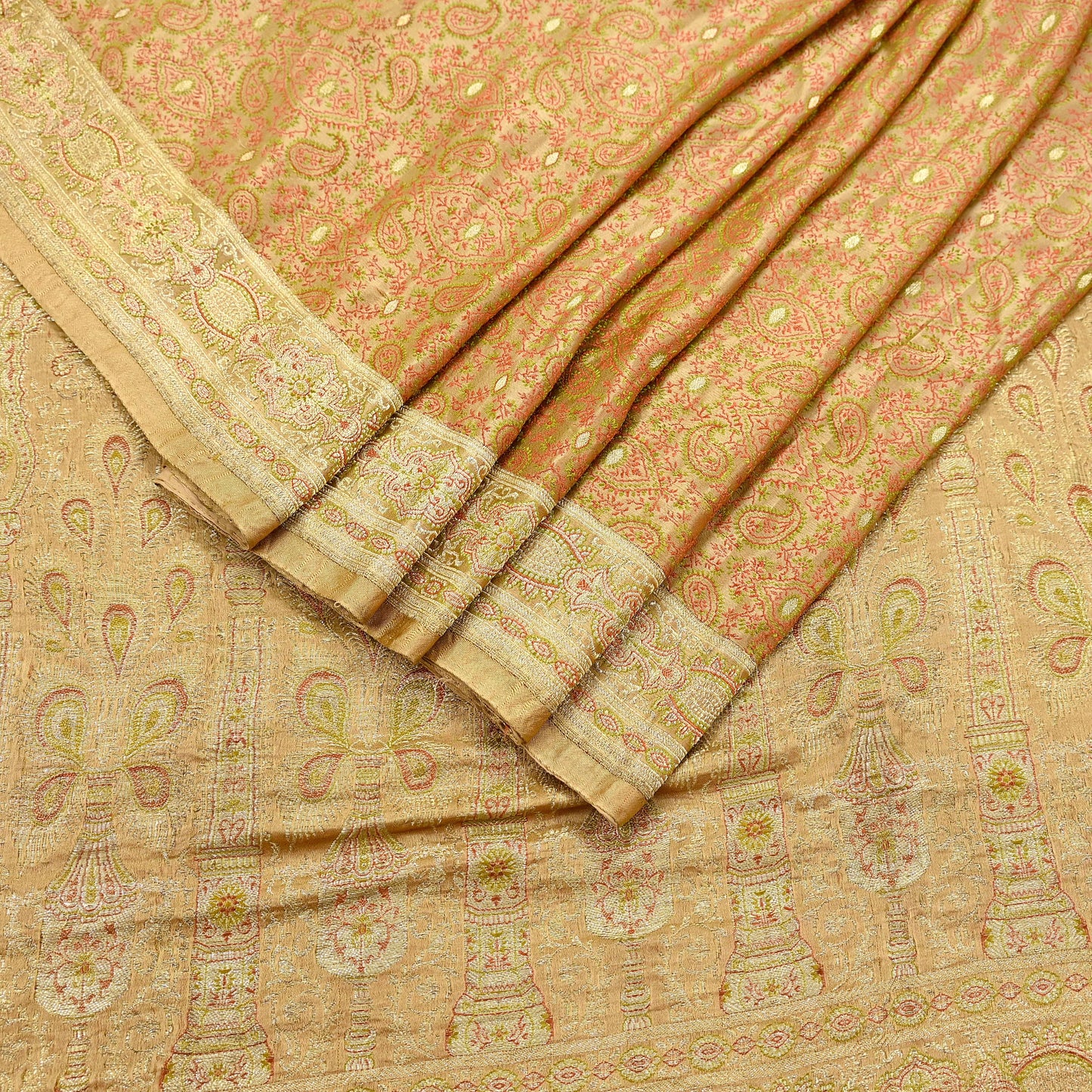 Vintage Banarasi Saree Pure Satin Silk Woven Brocade Zari Fabric Beige Heavy Craft Sari 5 Yards Indian Antique Textile Dress Making