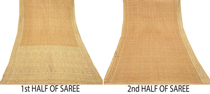 Vintage Banarasi Saree Pure Satin Silk Woven Brocade Zari Fabric Beige Heavy Craft Sari 5 Yards Indian Antique Textile Dress Making