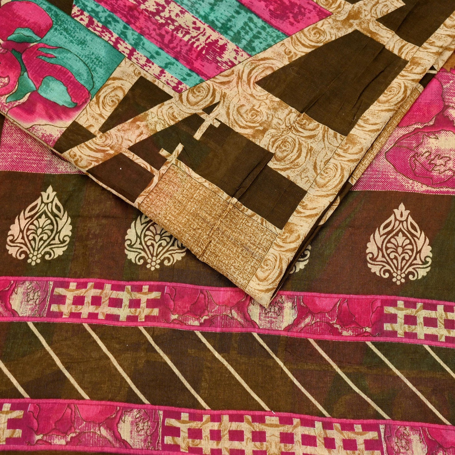 Indian Vintage Sari Beige & Brown Printed 100% Pure Cotton Saree Craft Fabric 5Yd Soft Sewing Sarong Wrap Boho Dress Making Quilting