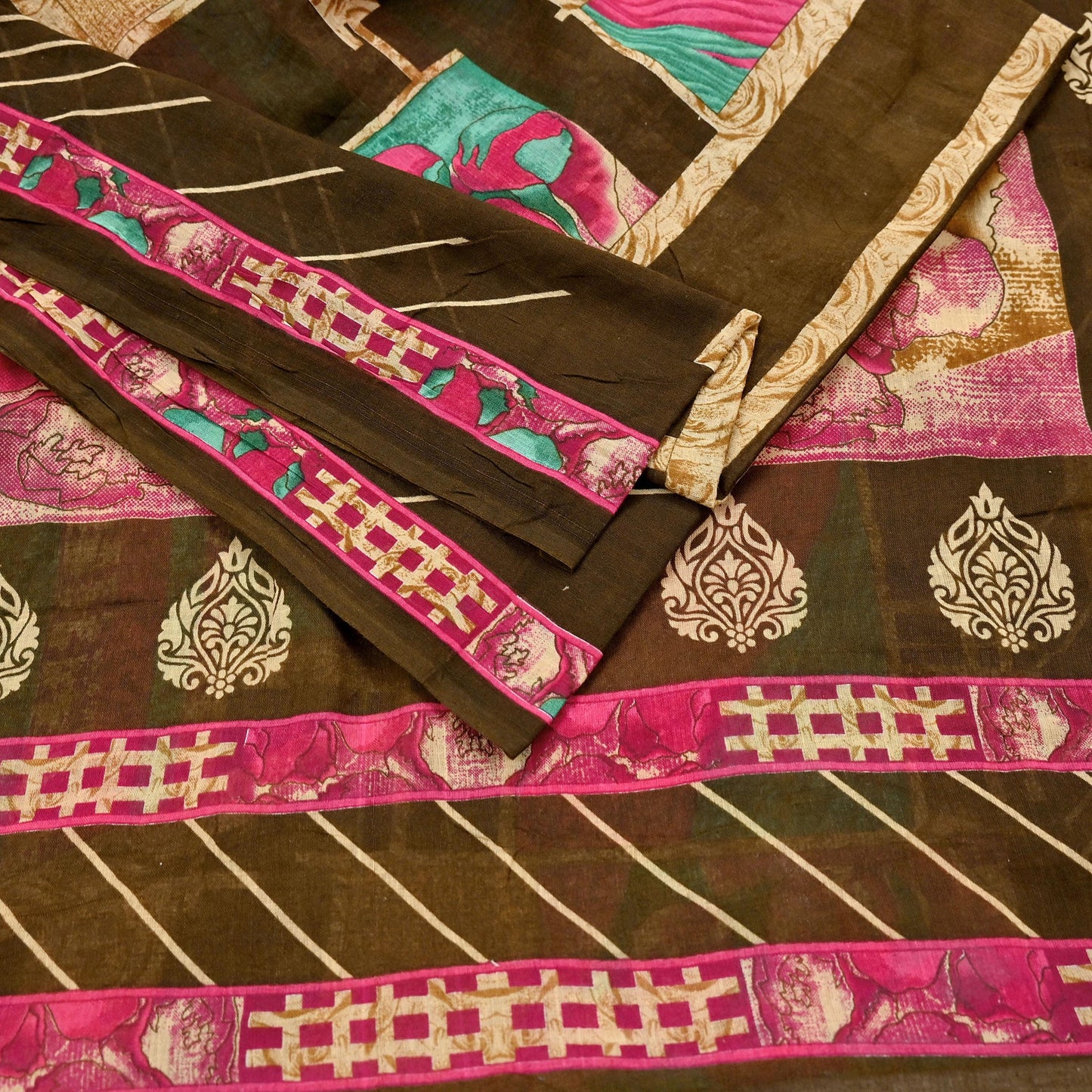 Indian Vintage Sari Beige & Brown Printed 100% Pure Cotton Saree Craft Fabric 5Yd Soft Sewing Sarong Wrap Boho Dress Making Quilting