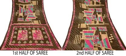 Indian Vintage Sari Beige & Brown Printed 100% Pure Cotton Saree Craft Fabric 5Yd Soft Sewing Sarong Wrap Boho Dress Making Quilting