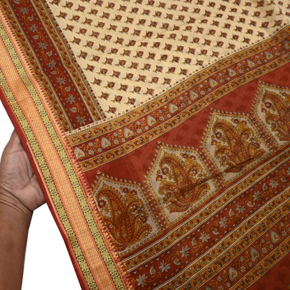 Indian Vintage Rusty & Beige Saree Printed 100% Pure Cotton Sari Craft Fabric 5Yd Sewing Sarong Wrap Dress Making Quilting Crafting