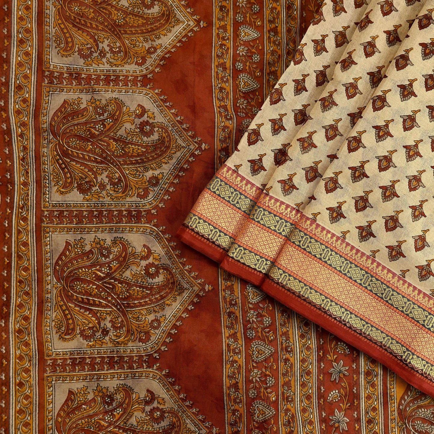 Indian Vintage Rusty & Beige Saree Printed 100% Pure Cotton Sari Craft Fabric 5Yd Sewing Sarong Wrap Dress Making Quilting Crafting