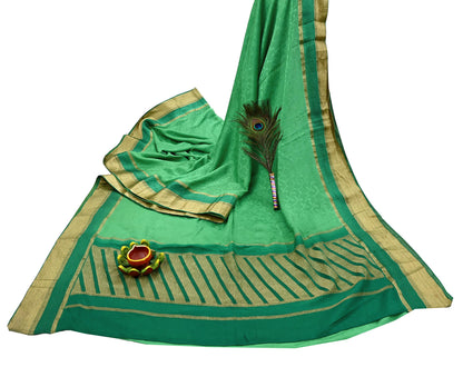 Indian Vintage Sari Green Pure Silk Hand Woven Sarees Fabric 5Yd Ethnic Dress Making Crafting Upcycle Quilting Zari Border