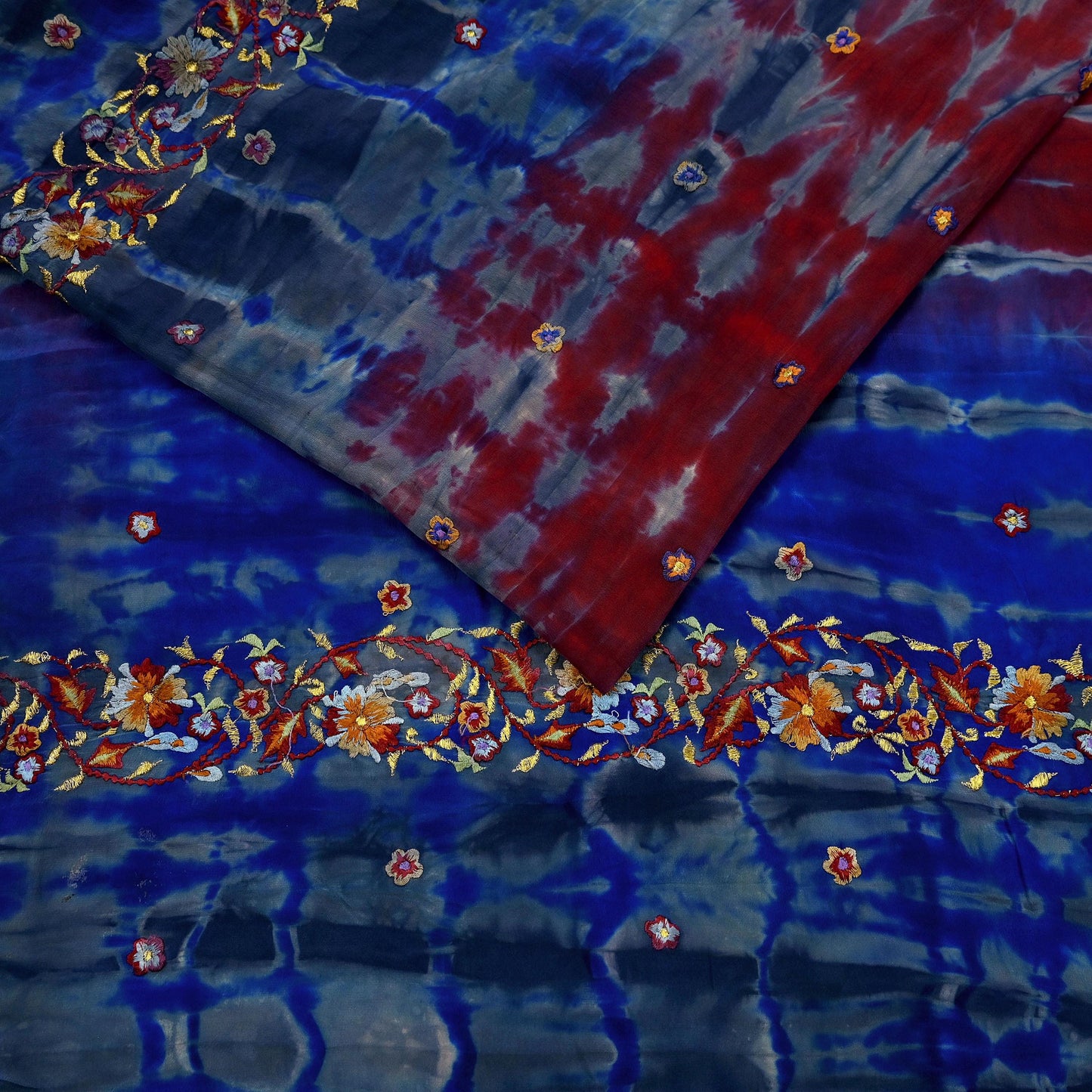 Indian Vintage Sari Blue & Gray Pure Crepe Silk Hand Embroidered Sarees 5yd Sewing Floral Craft Zari Dress making Crafting Quilting