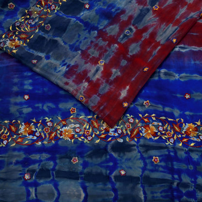 Indian Vintage Sari Blue & Gray Pure Crepe Silk Hand Embroidered Sarees 5yd Sewing Floral Craft Zari Dress making Crafting Quilting