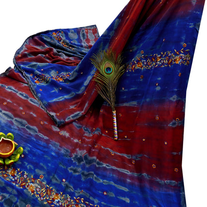 Indian Vintage Sari Blue & Gray Pure Crepe Silk Hand Embroidered Sarees 5yd Sewing Floral Craft Zari Dress making Crafting Quilting