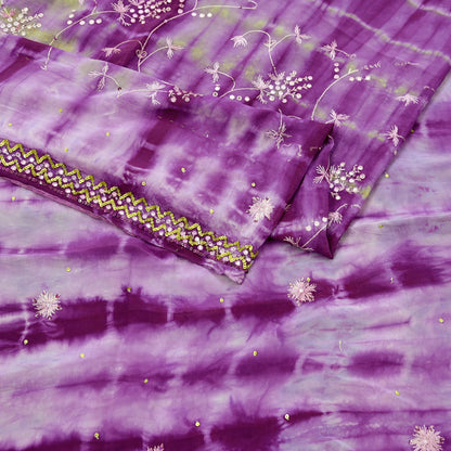 Indian Vintage Purple & Green Saree Pure Crepe Silk Hand Embroidered Tie-Dye Sari Fabric 5yard Sewing Craft Fabric Ethnic zari