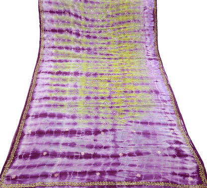 Indian Vintage Purple & Green Saree Pure Crepe Silk Hand Embroidered Tie-Dye Sari Fabric 5yard Sewing Craft Fabric Ethnic zari