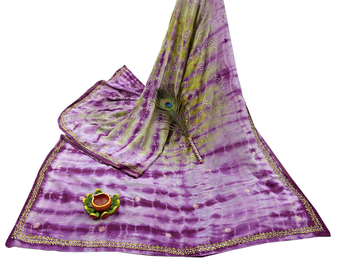 Indian Vintage Purple & Green Saree Pure Crepe Silk Hand Embroidered Tie-Dye Sari Fabric 5yard Sewing Craft Fabric Ethnic zari