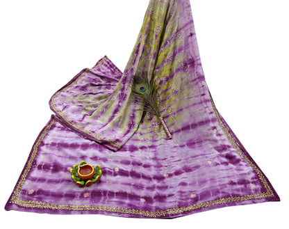 Indian Vintage Purple & Green Saree Pure Crepe Silk Hand Embroidered Tie-Dye Sari Fabric 5yard Sewing Craft Fabric Ethnic zari