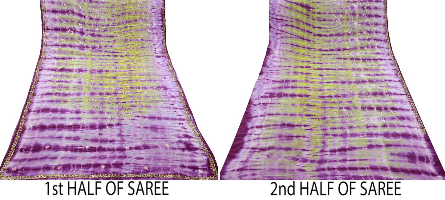 Indian Vintage Purple & Green Saree Pure Crepe Silk Hand Embroidered Tie-Dye Sari Fabric 5yard Sewing Craft Fabric Ethnic zari