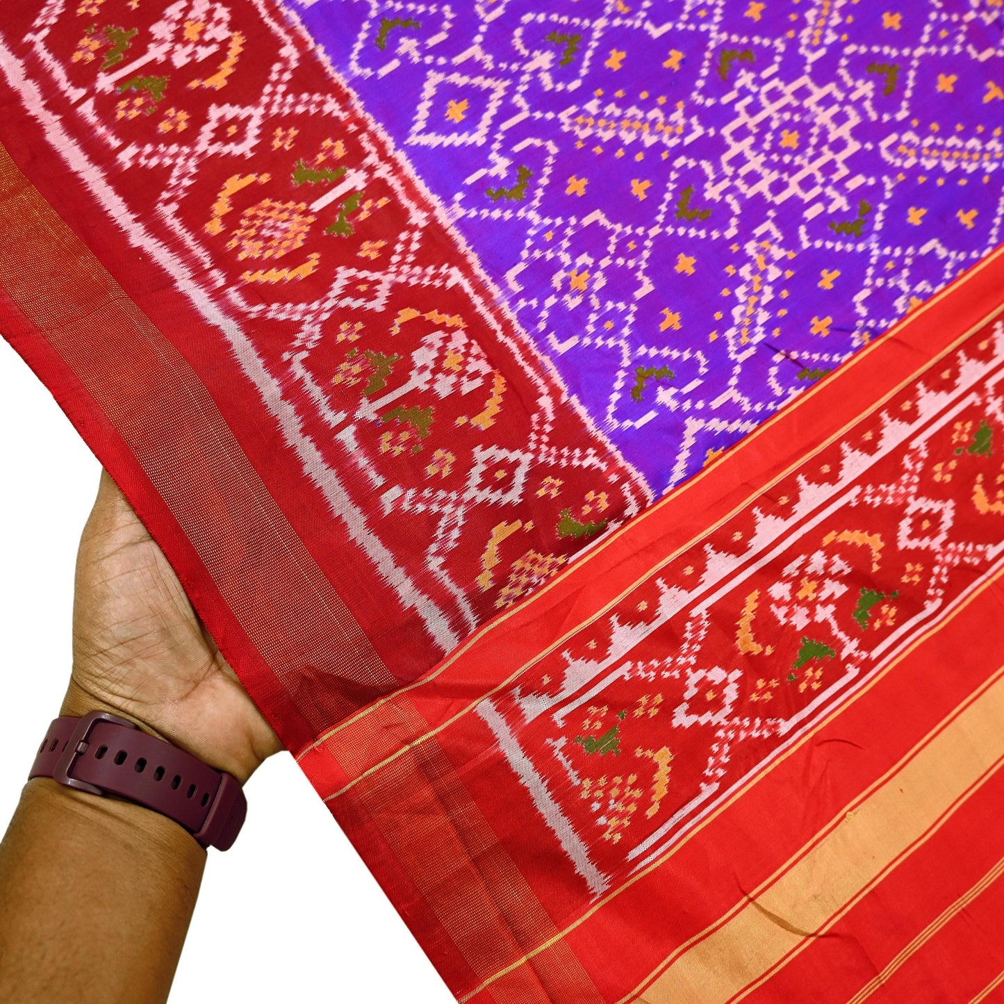 Indian Vintage Purple & red Dupatta Long Stole Hand woven Ikat Patola Hijab Pure Silk Scarves Veil Fringes