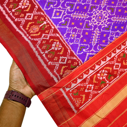 Indian Vintage Purple & red Dupatta Long Stole Hand woven Ikat Patola Hijab Pure Silk Scarves Veil Fringes
