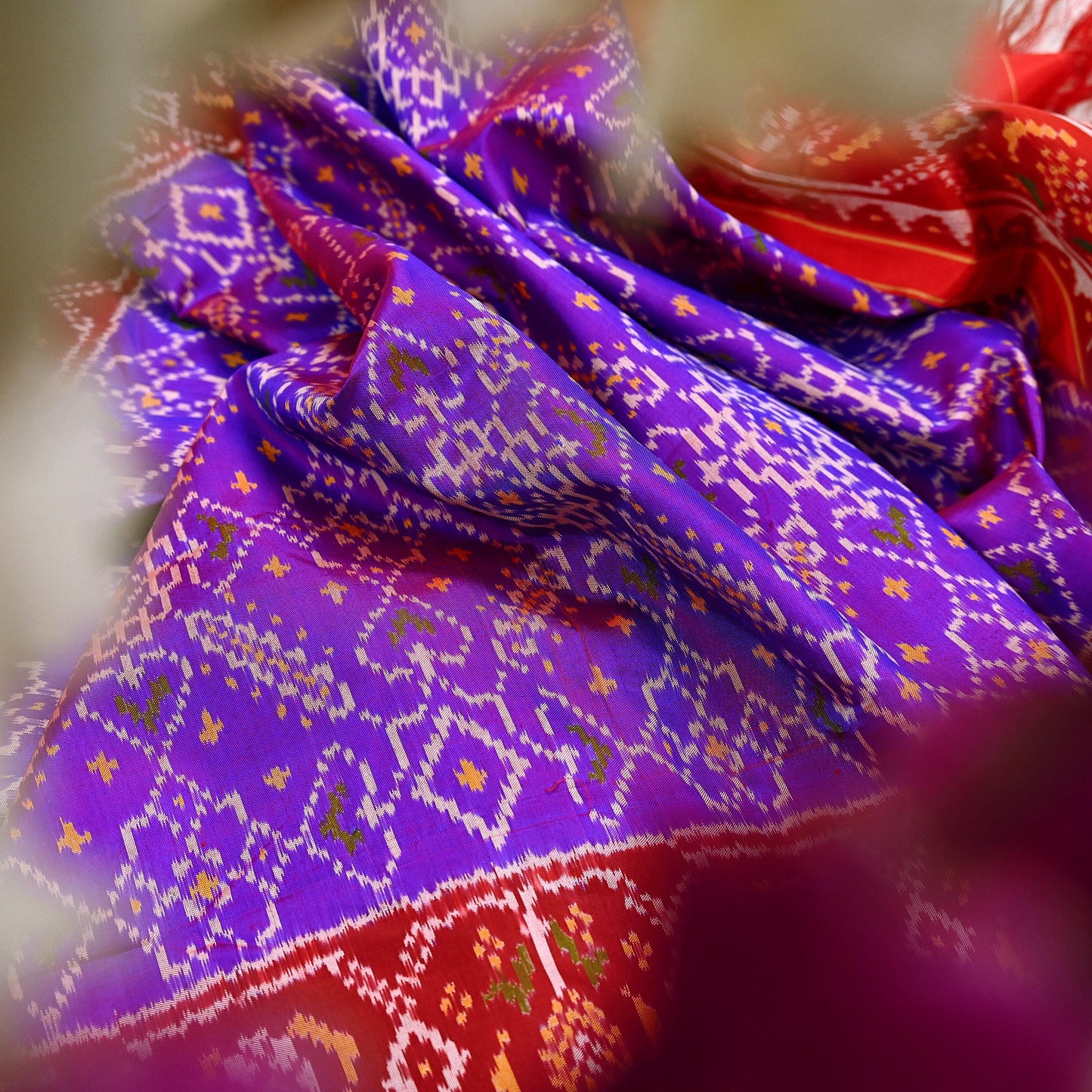 Indian Vintage Purple & red Dupatta Long Stole Hand woven Ikat Patola Hijab Pure Silk Scarves Veil Fringes