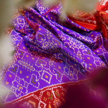 Indian Vintage Purple & red Dupatta Long Stole Hand woven Ikat Patola Hijab Pure Silk Scarves Veil Fringes