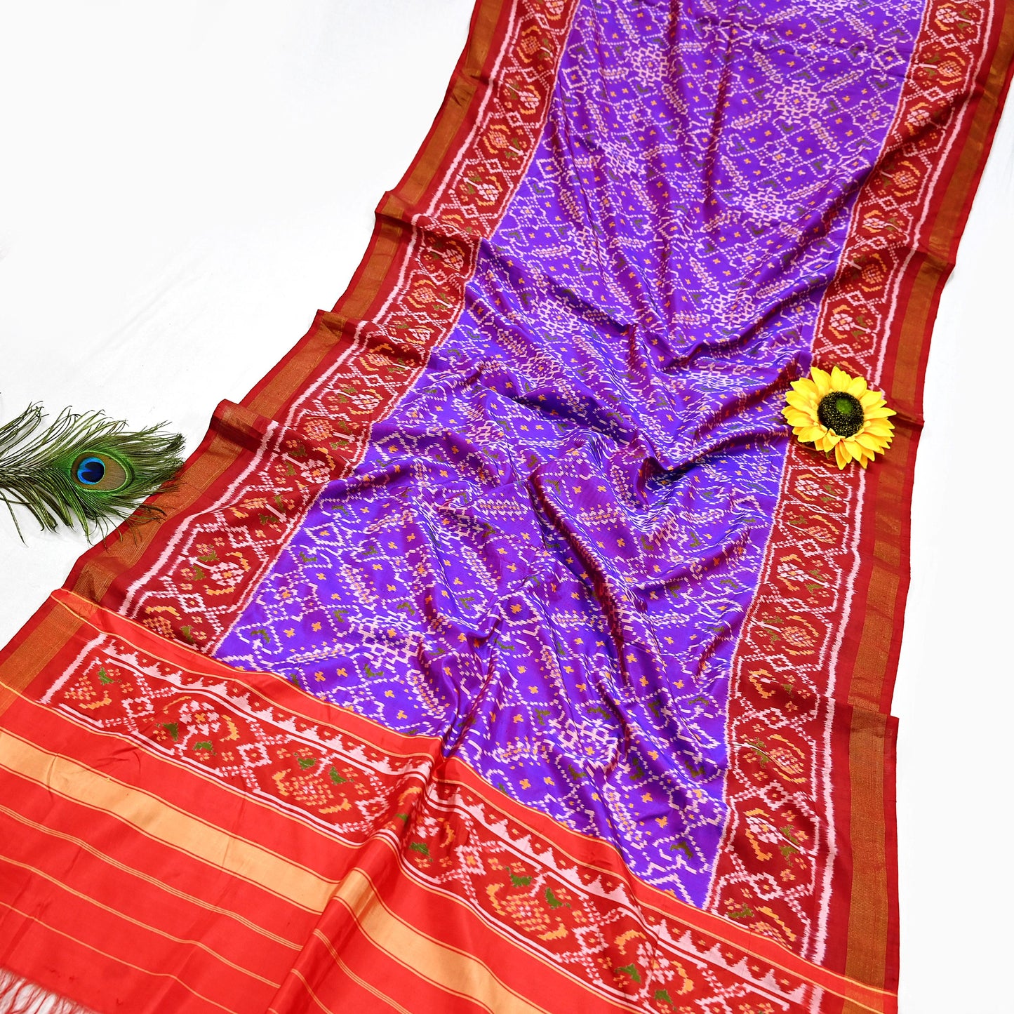 Indian Vintage Purple & red Dupatta Long Stole Hand woven Ikat Patola Hijab Pure Silk Scarves Veil Fringes