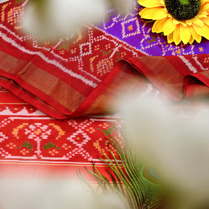 Indian Vintage Purple & red Dupatta Long Stole Hand woven Ikat Patola Hijab Pure Silk Scarves Veil Fringes