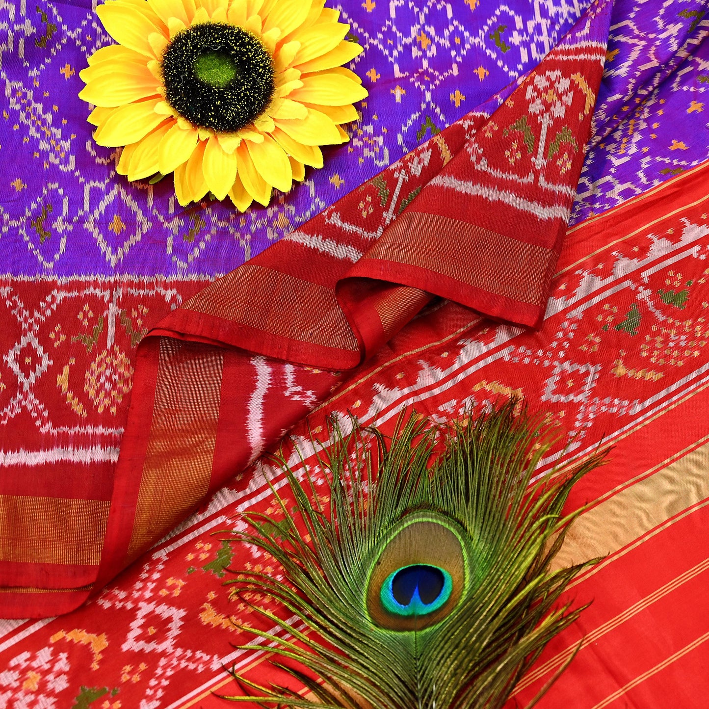 Indian Vintage Purple & red Dupatta Long Stole Hand woven Ikat Patola Hijab Pure Silk Scarves Veil Fringes