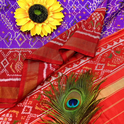 Indian Vintage Purple & red Dupatta Long Stole Hand woven Ikat Patola Hijab Pure Silk Scarves Veil Fringes