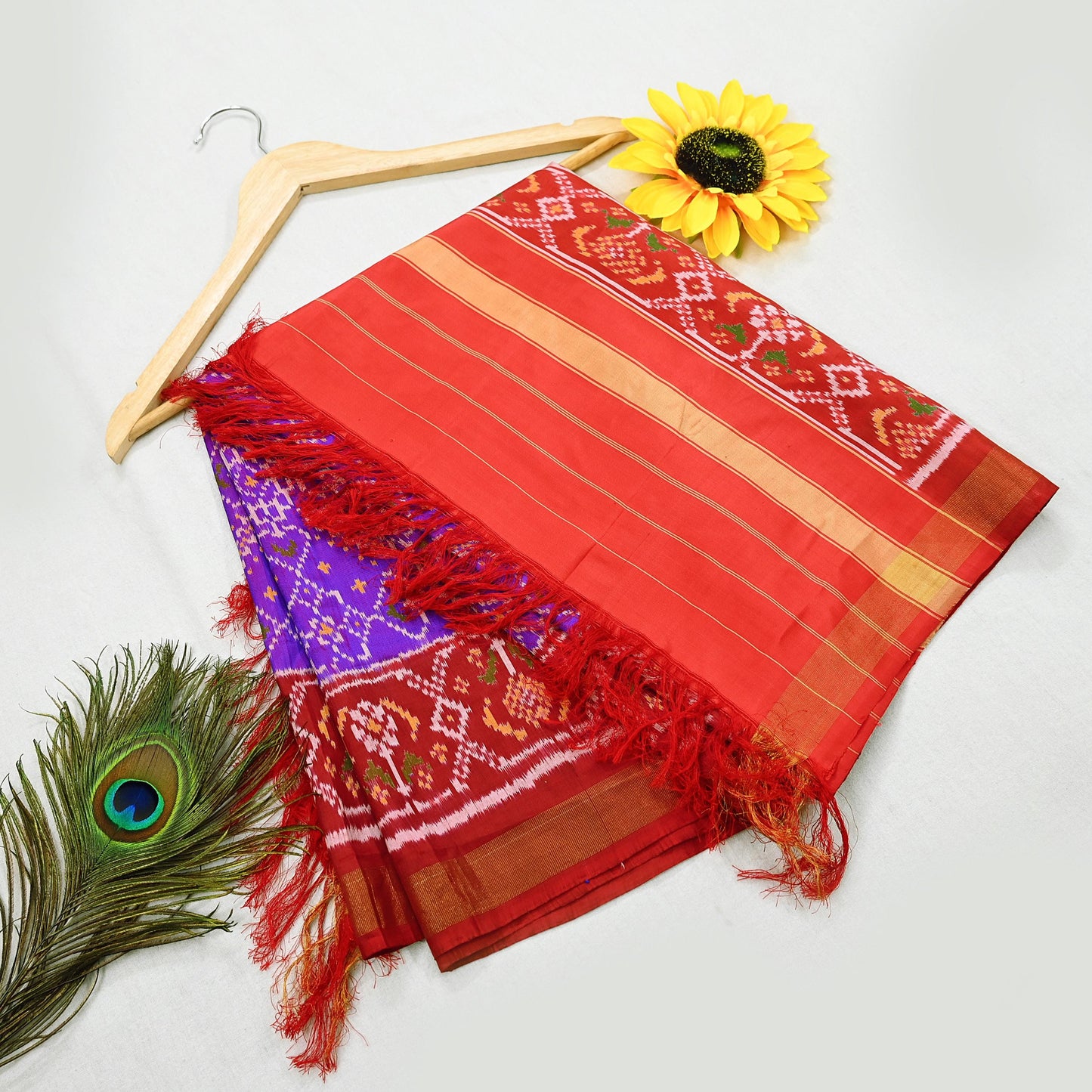 Indian Vintage Purple & red Dupatta Long Stole Hand woven Ikat Patola Hijab Pure Silk Scarves Veil Fringes