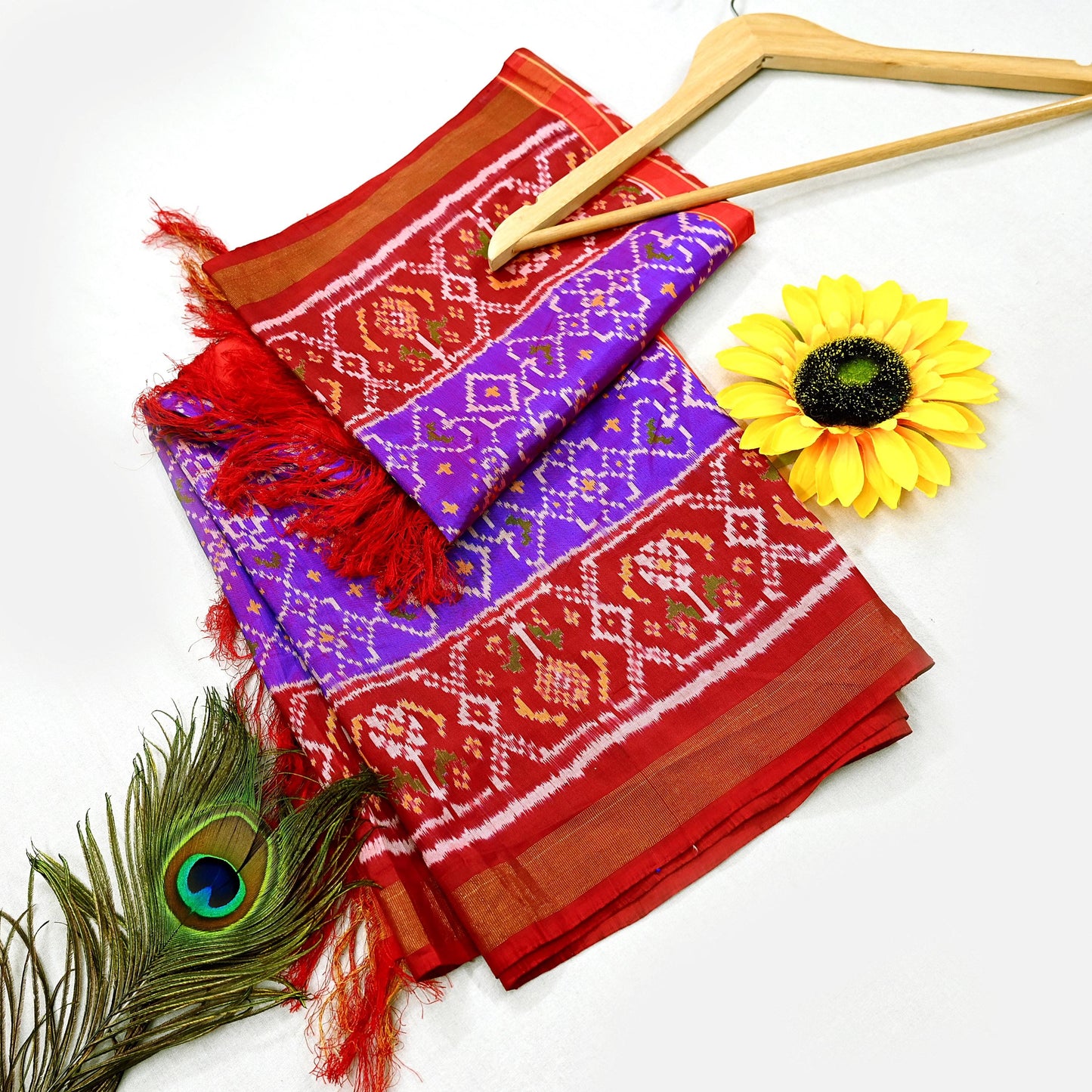 Indian Vintage Purple & red Dupatta Long Stole Hand woven Ikat Patola Hijab Pure Silk Scarves Veil Fringes