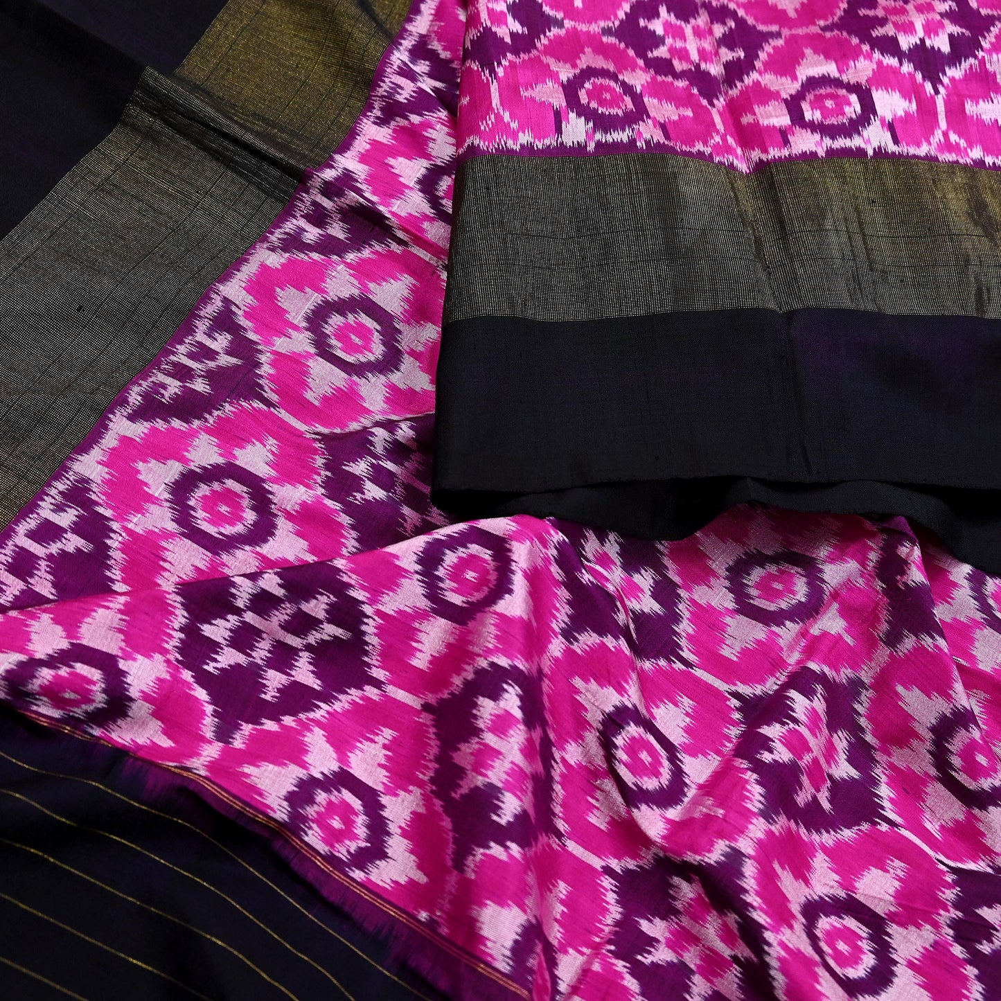 Indian Vintage Black & Magenta Dupatta Long Stole Hand woven Ikat Patola Hijab Pure Silk Scarves Veil Fringes