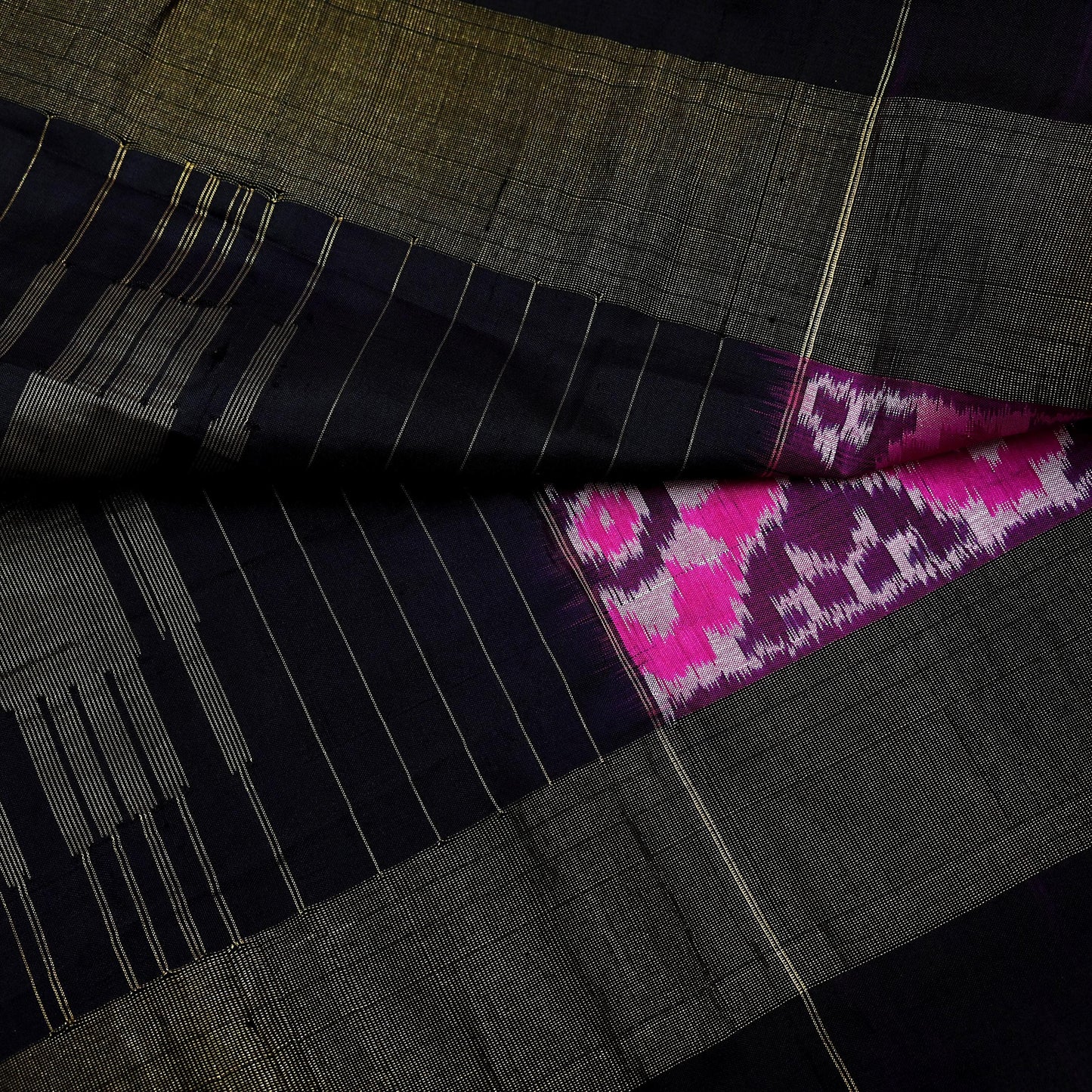 Indian Vintage Black & Magenta Dupatta Long Stole Hand woven Ikat Patola Hijab Pure Silk Scarves Veil Fringes