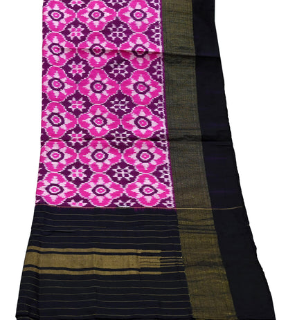 Indian Vintage Black & Magenta Dupatta Long Stole Hand woven Ikat Patola Hijab Pure Silk Scarves Veil Fringes