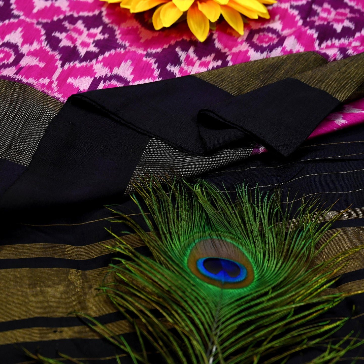 Indian Vintage Black & Magenta Dupatta Long Stole Hand woven Ikat Patola Hijab Pure Silk Scarves Veil Fringes