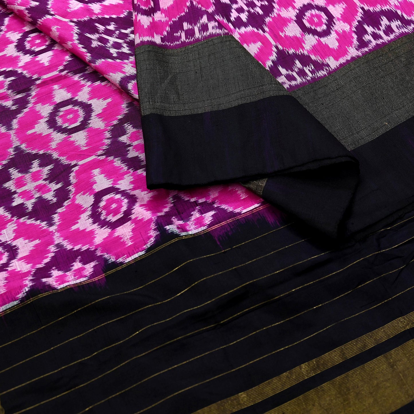 Indian Vintage Black & Magenta Dupatta Long Stole Hand woven Ikat Patola Hijab Pure Silk Scarves Veil Fringes